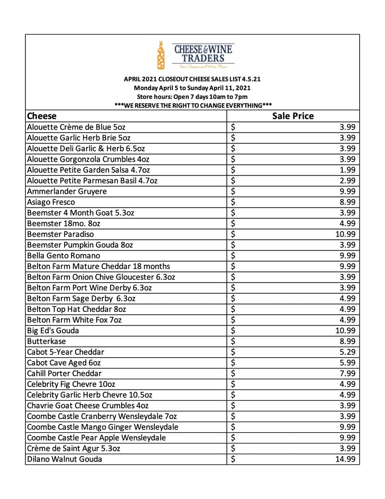 CLOSEOUT CHEESE SALES LIST | 4/5-4/11!