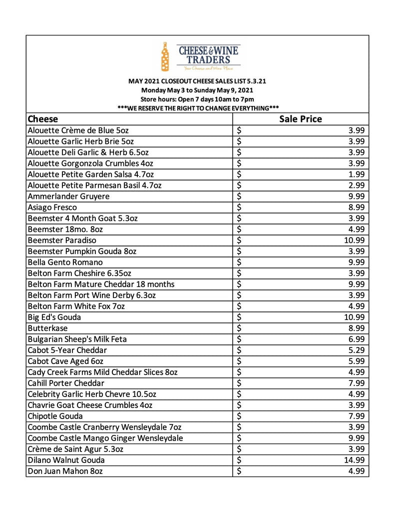 CLOSEOUT CHEESE SALES LIST | 5/3-5/9!